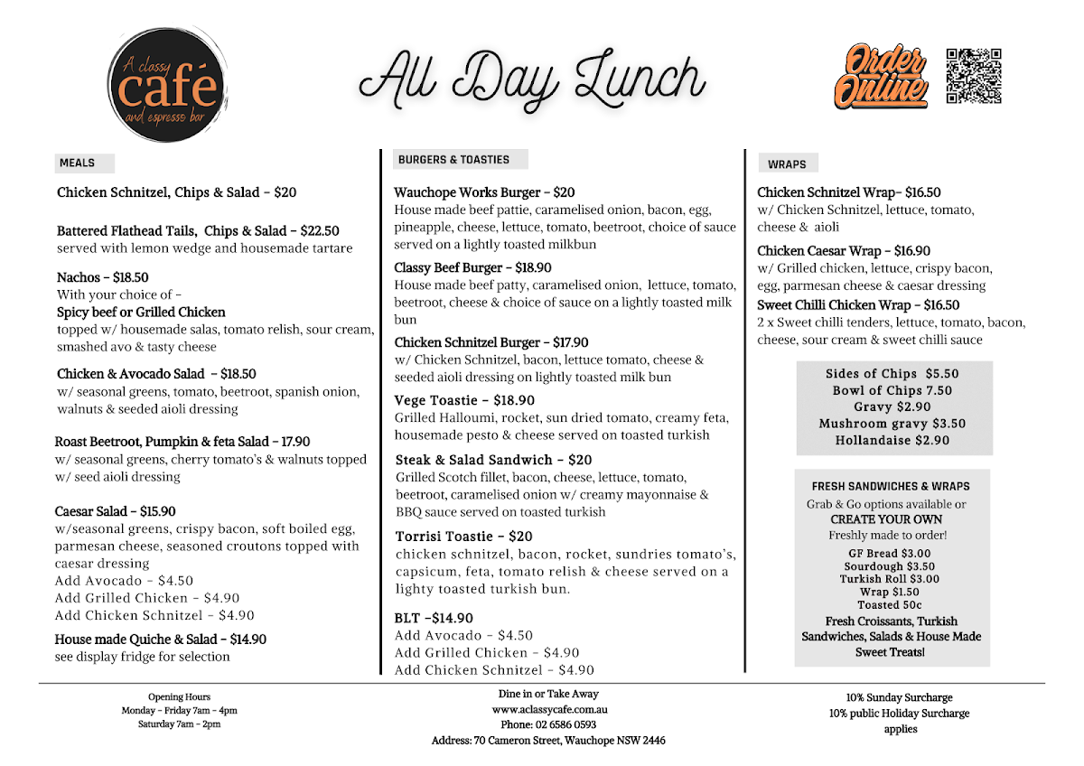 Menu, A Classy Cafe & Espresso Bar