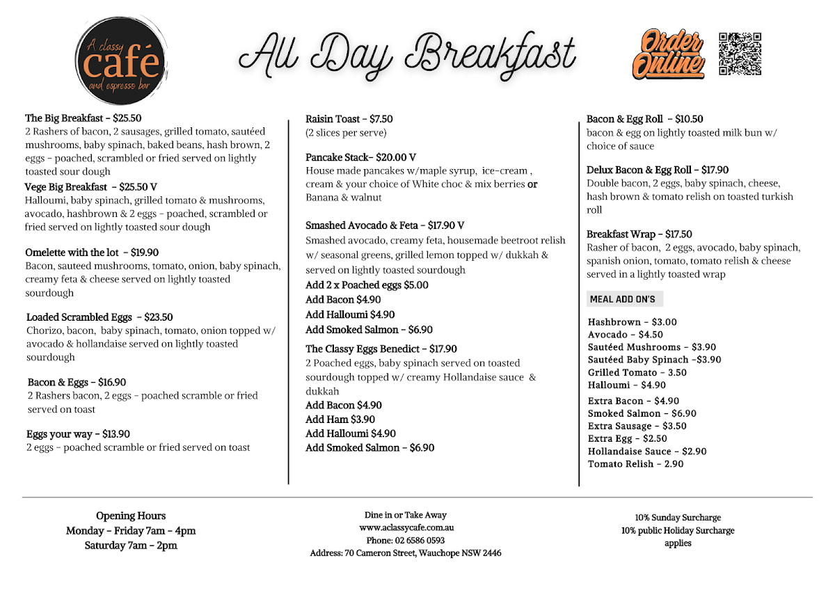 Menu, A Classy Cafe & Espresso Bar