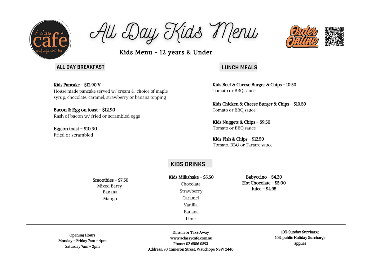 Menu, A Classy Cafe & Espresso Bar