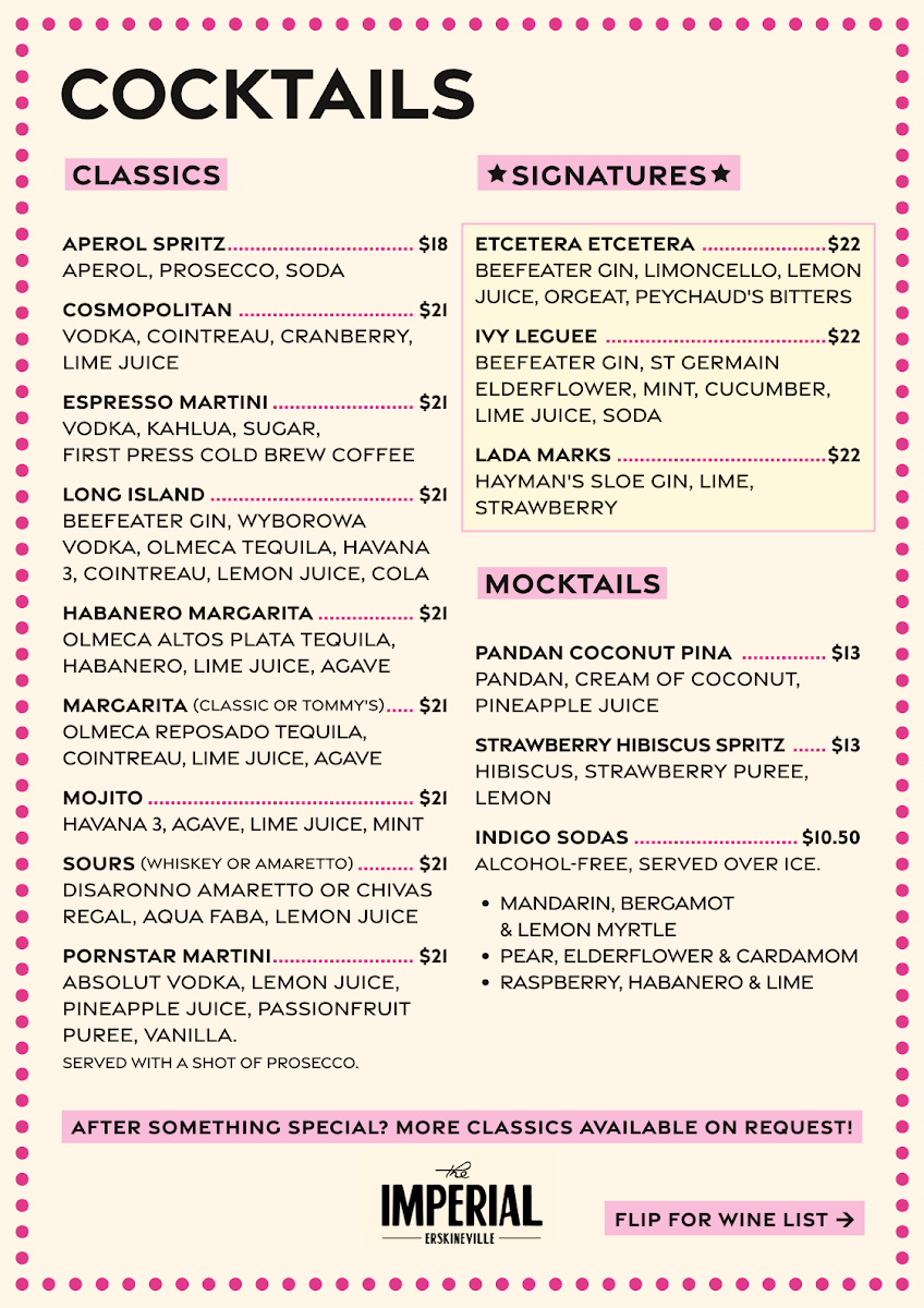 Menu, The Imperial Erskineville