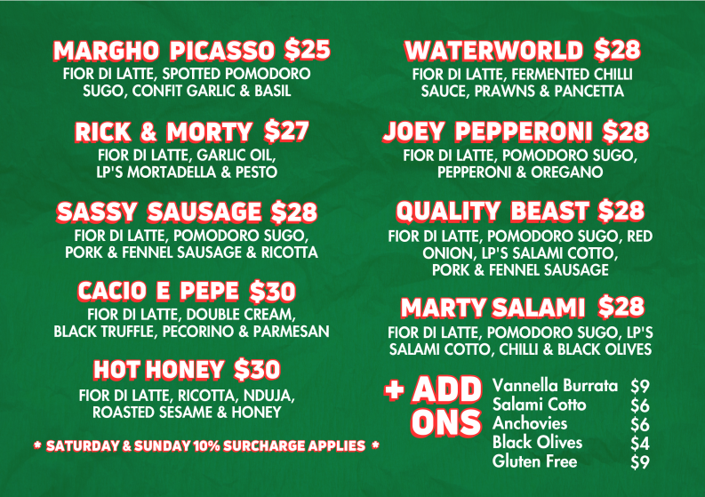 Menu, The Imperial Erskineville