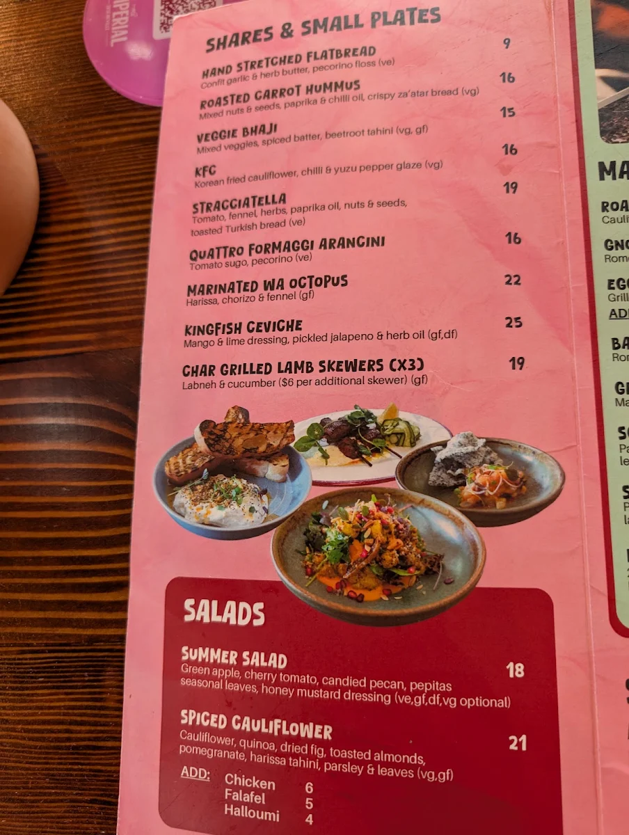 Menu, The Imperial Erskineville