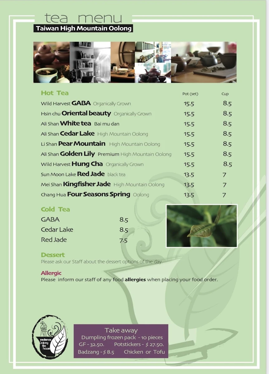 Menu, Radiance Oolongtea house