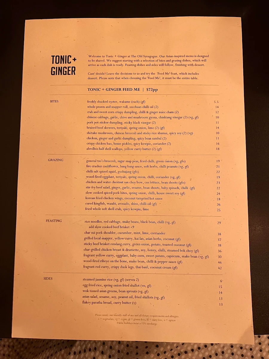 Menu, The Old Synagogue