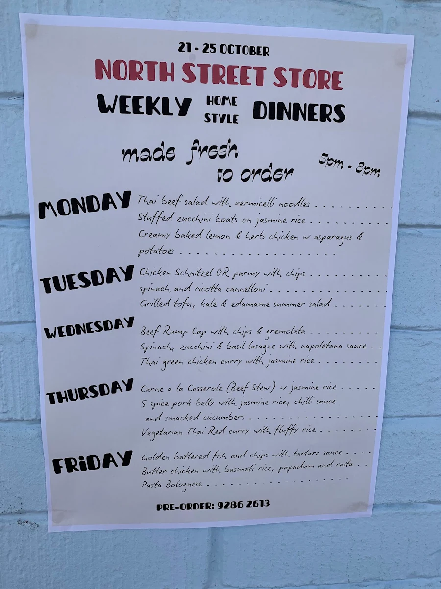 Menu, North Street Store