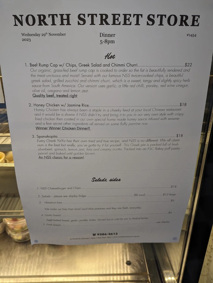 Menu, North Street Store