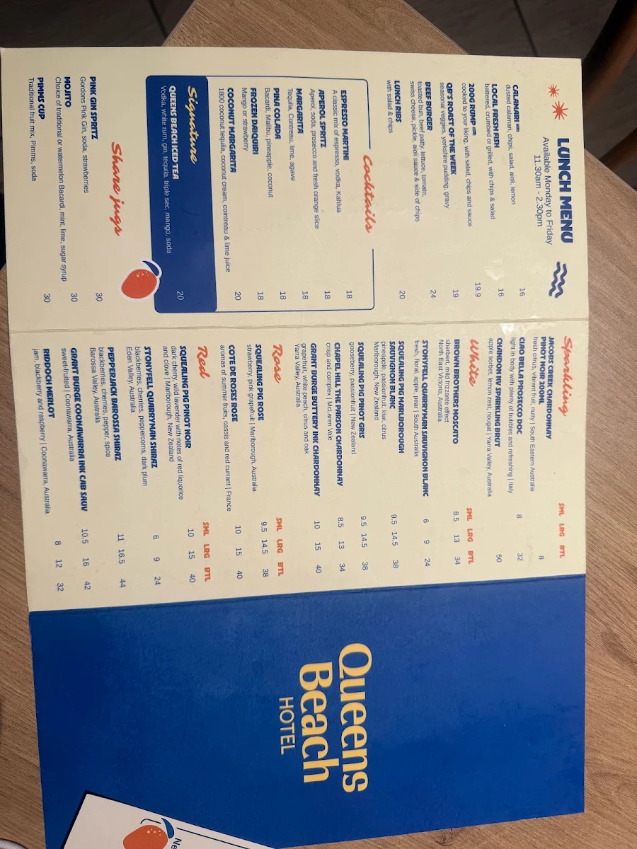 Menu, Queens Beach Hotel