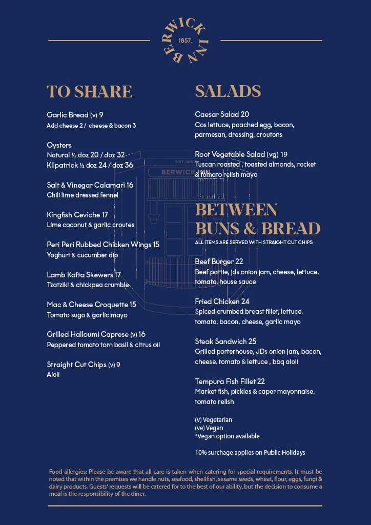 Menu, Berwick Inn Hotel
