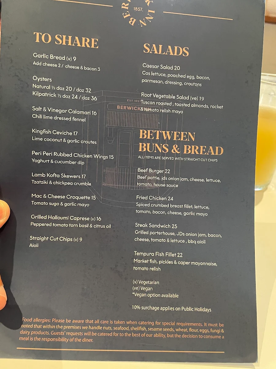 Menu, Berwick Inn Hotel