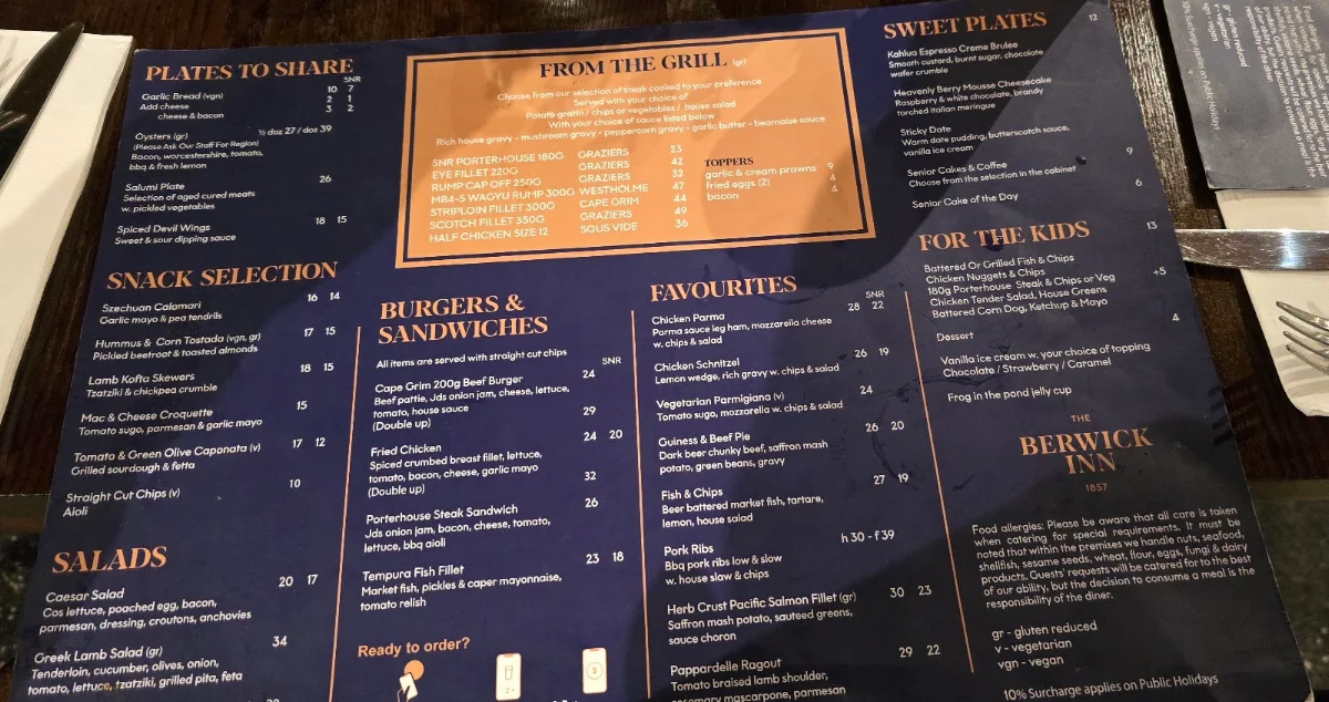 Menu, Berwick Inn Hotel