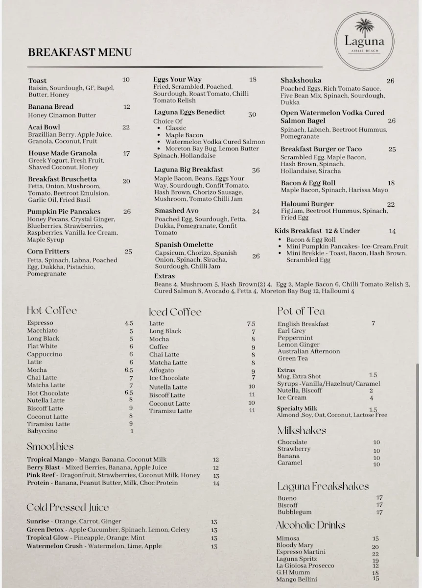 Menu, Laguna Airlie Beach