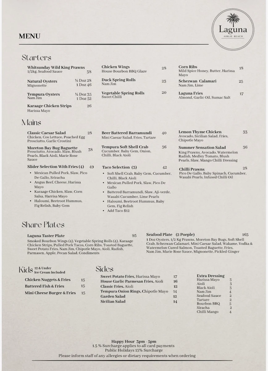 Menu, Laguna Airlie Beach