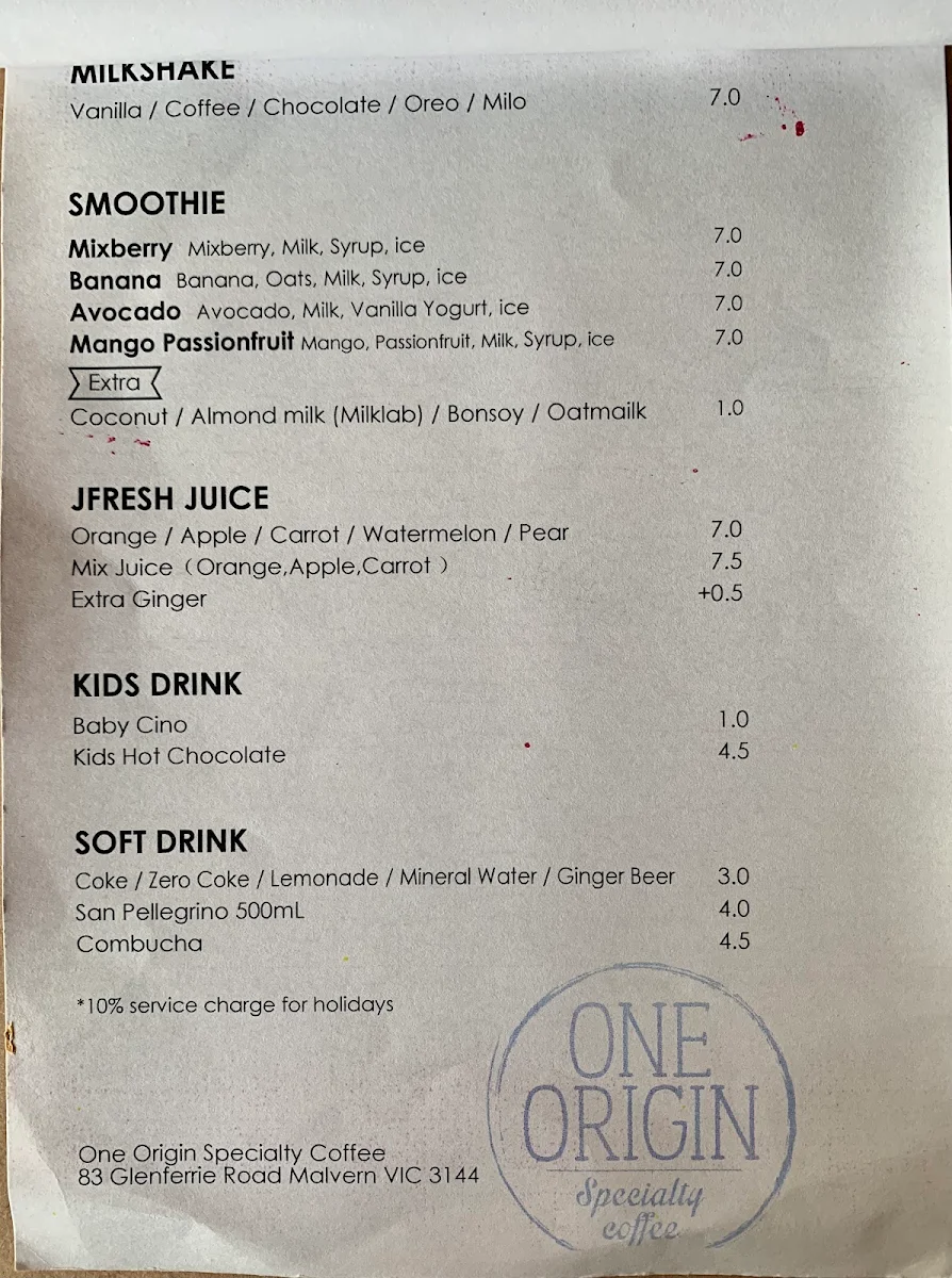 Menu, One Origin Specialty Coffee