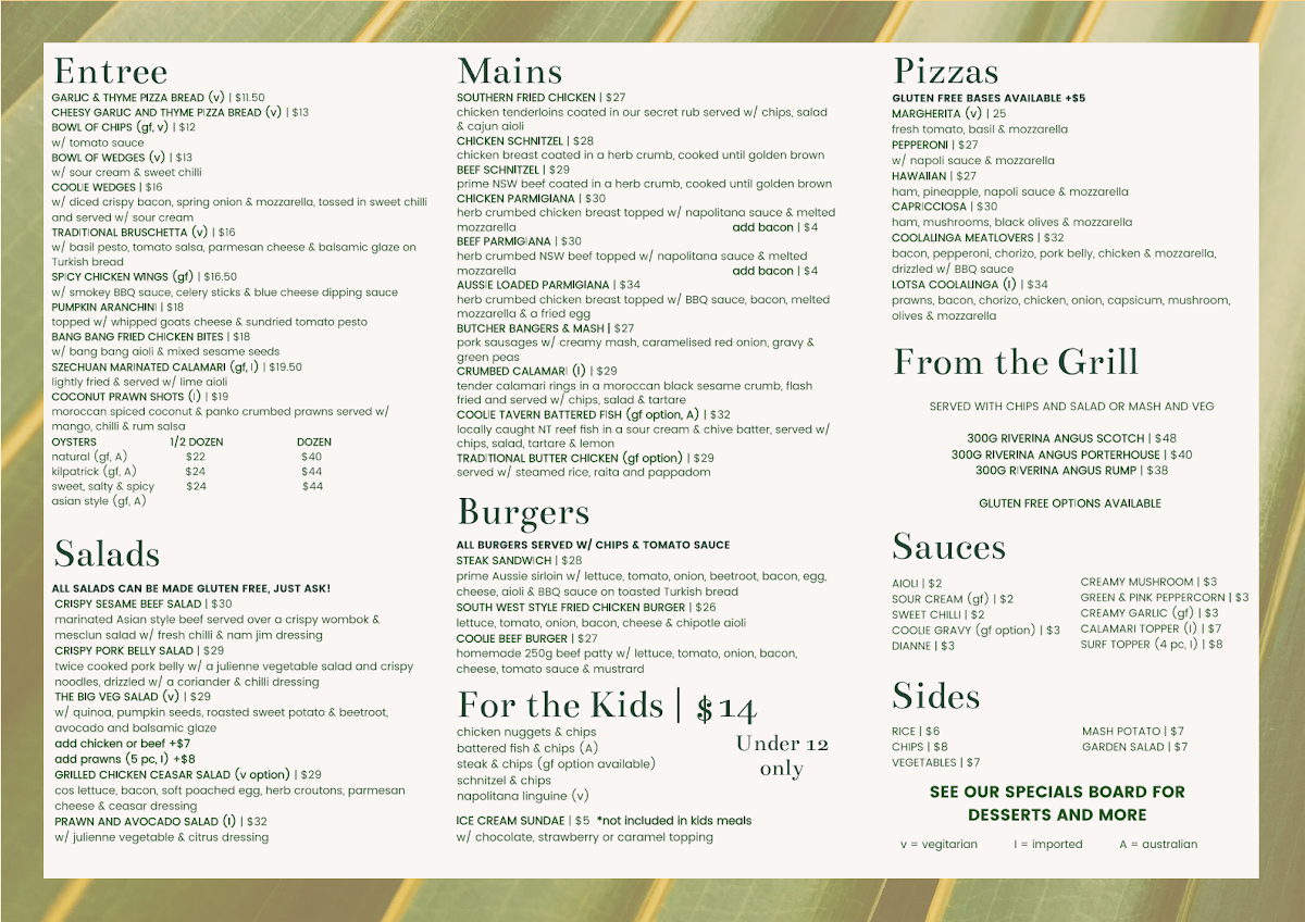 Menu, Coolalinga Tavern