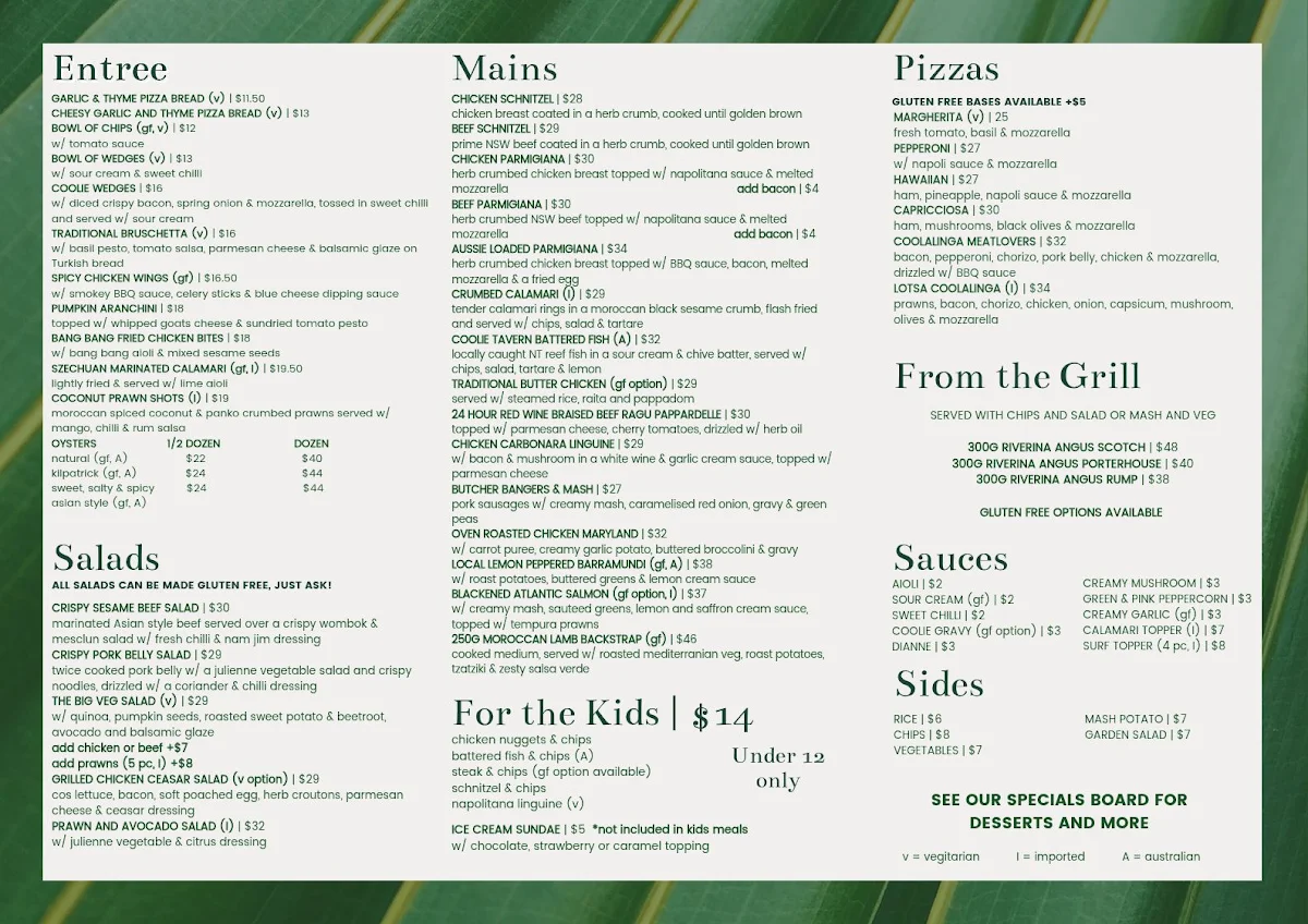 Menu, Coolalinga Tavern