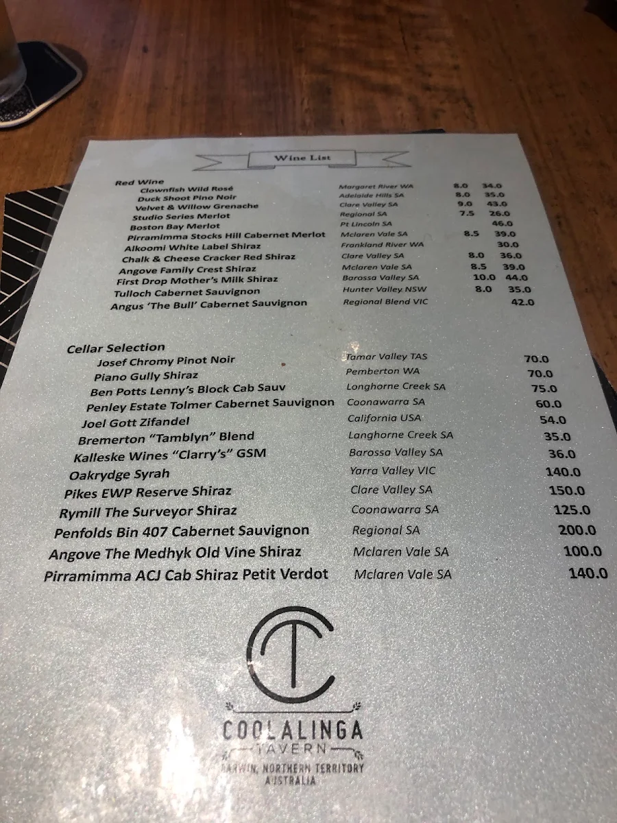 Menu, Coolalinga Tavern