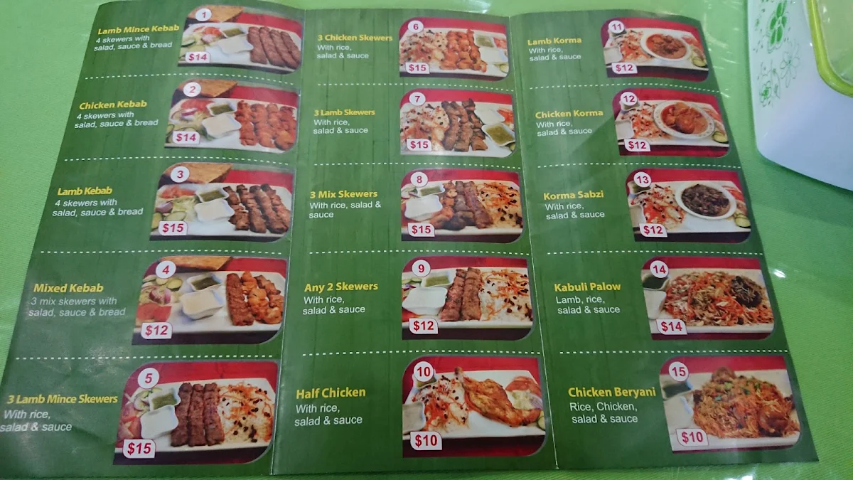 Menu, Kabul Restaurant