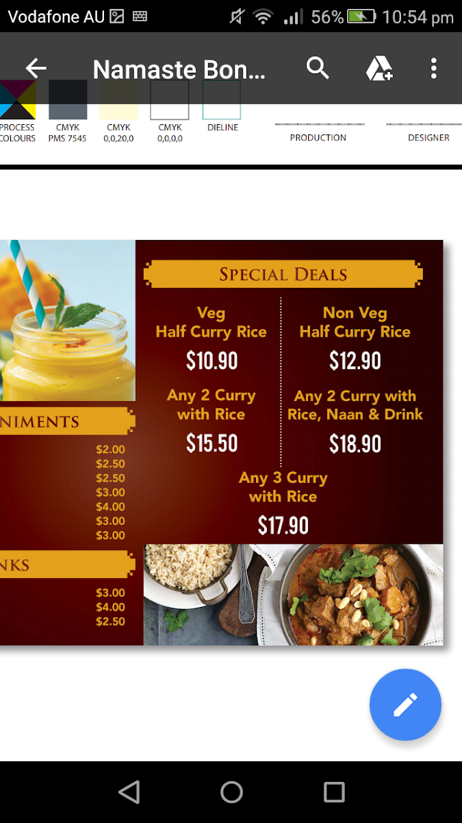 Menu, Namaste Indian Cuisine