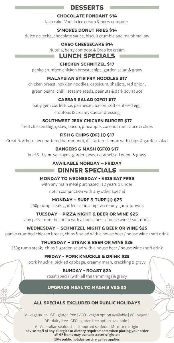 Menu, Bligh Park Hotel