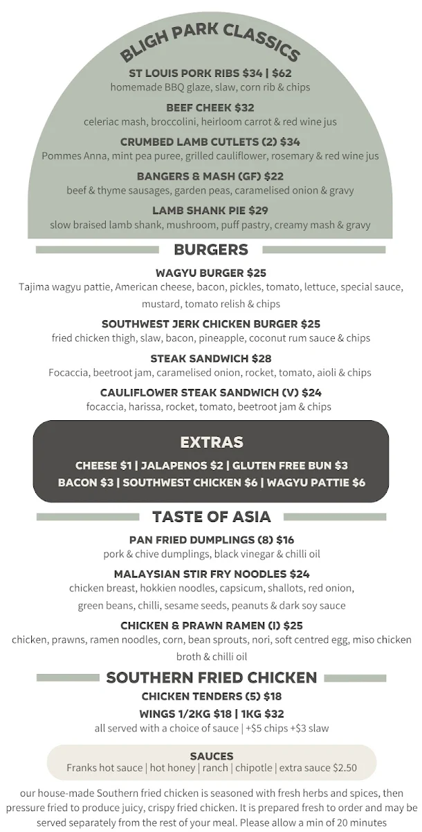 Menu, Bligh Park Hotel