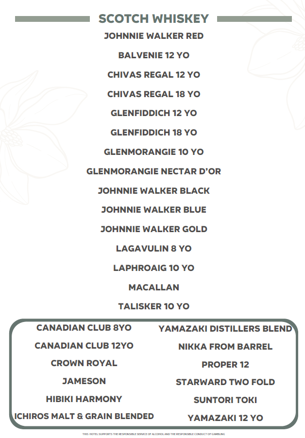 Menu, Bligh Park Hotel