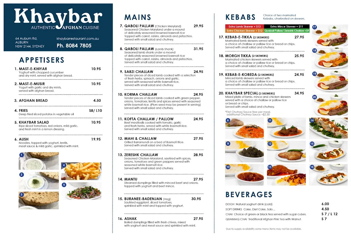 Menu, Khaybar Restaurant