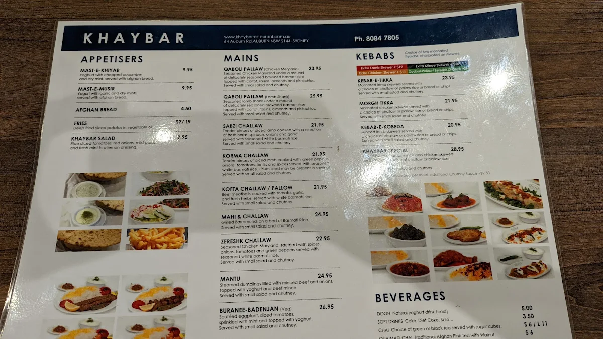 Menu, Khaybar Restaurant