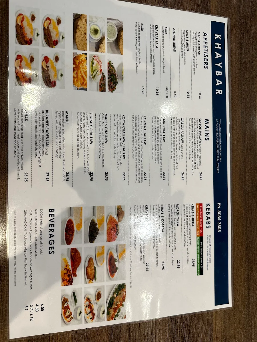 Menu, Khaybar Restaurant