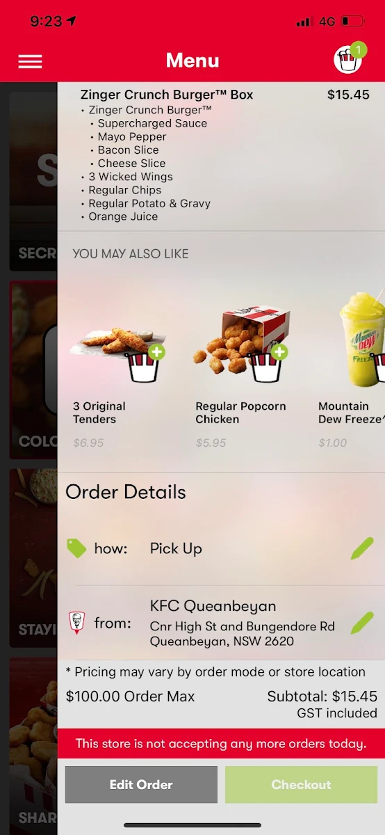 Menu, KFC Queanbeyan