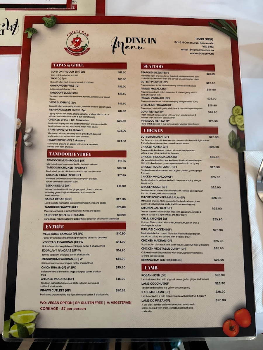 Menu, Chilli Bar Tandoori Indian Cuisine