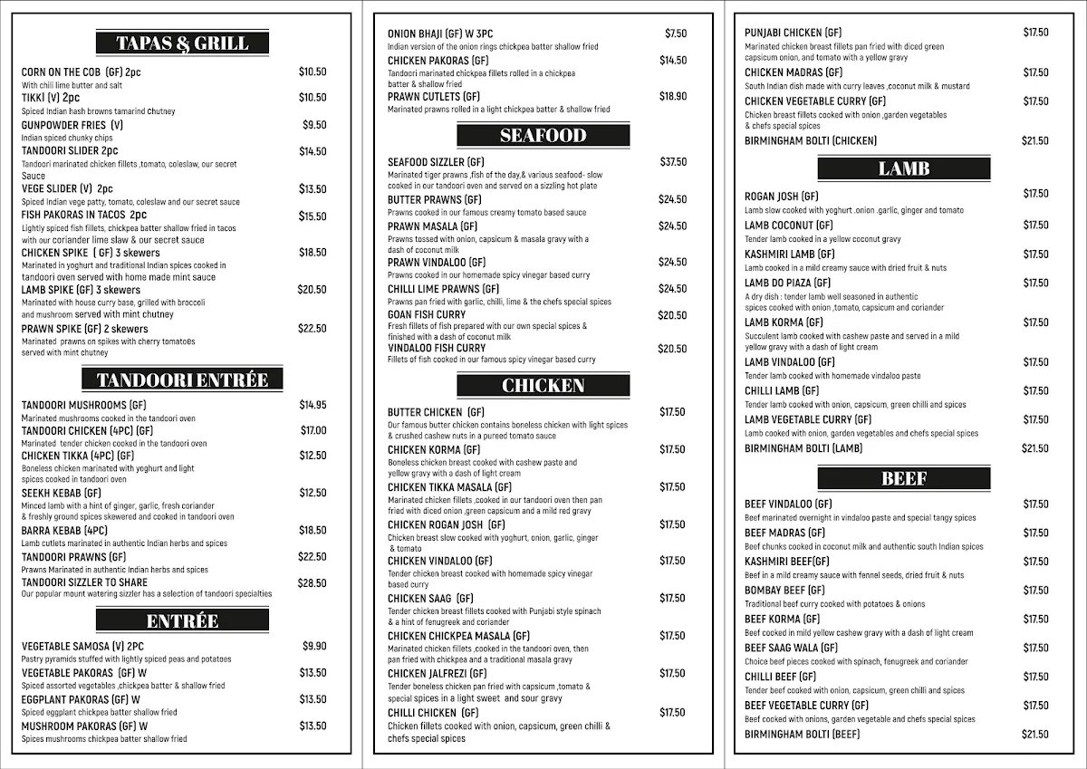 Menu, Chilli Bar Tandoori Indian Cuisine