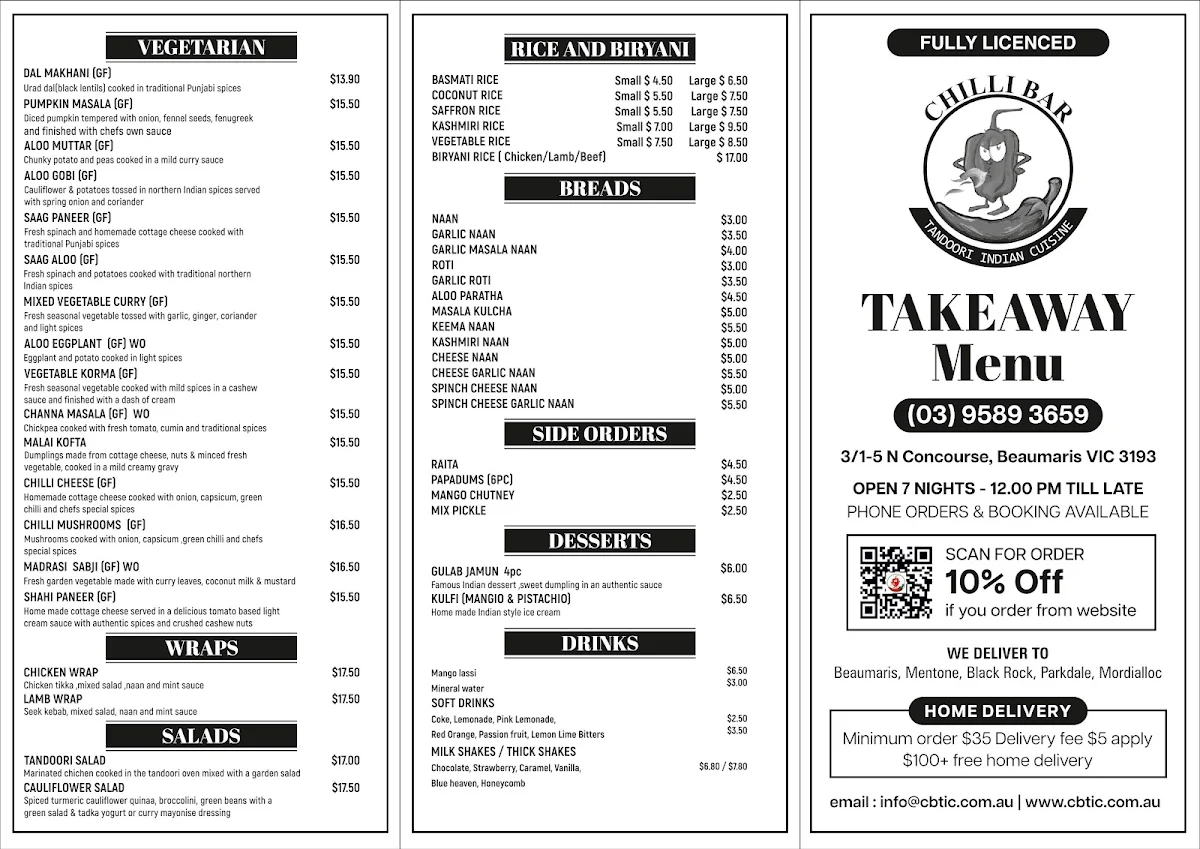Menu, Chilli Bar Tandoori Indian Cuisine