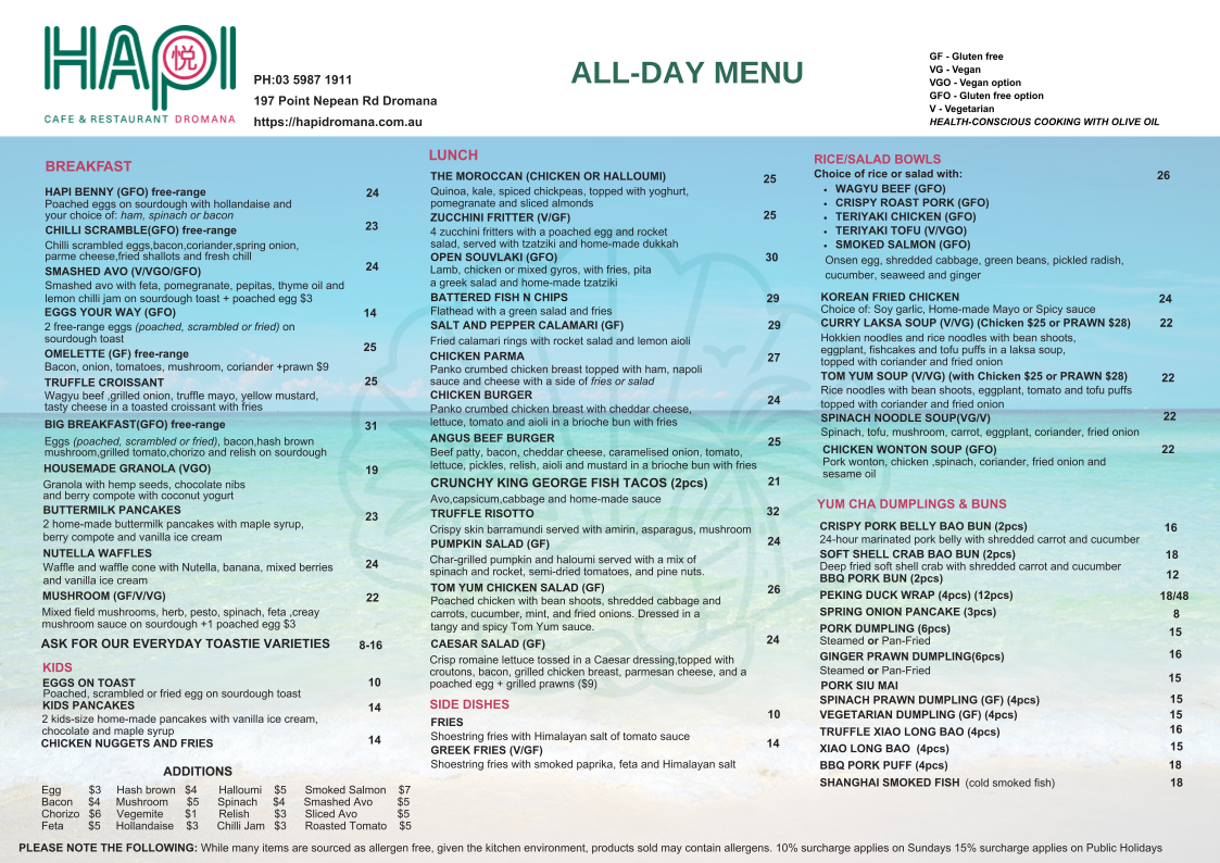 Menu, Hapi Cafe & Restaurant Dromana