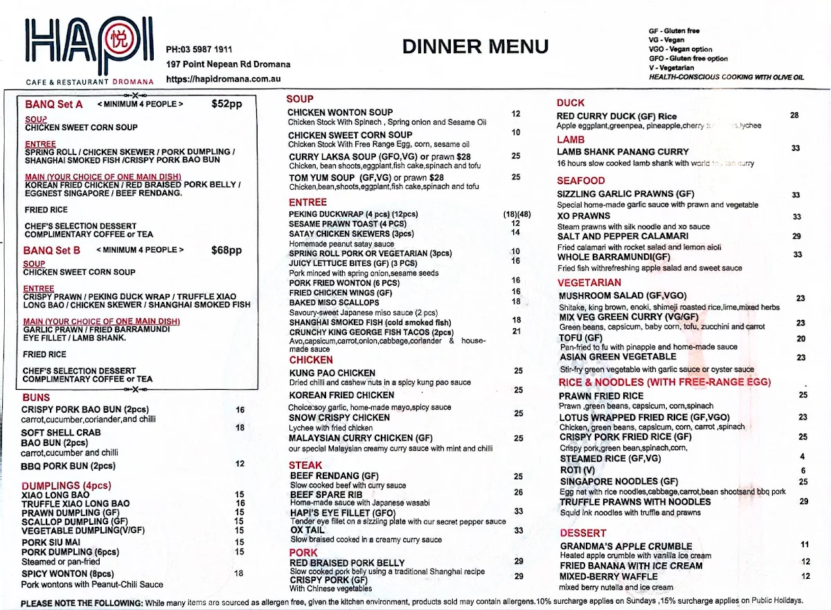 Menu, Hapi Cafe & Restaurant Dromana