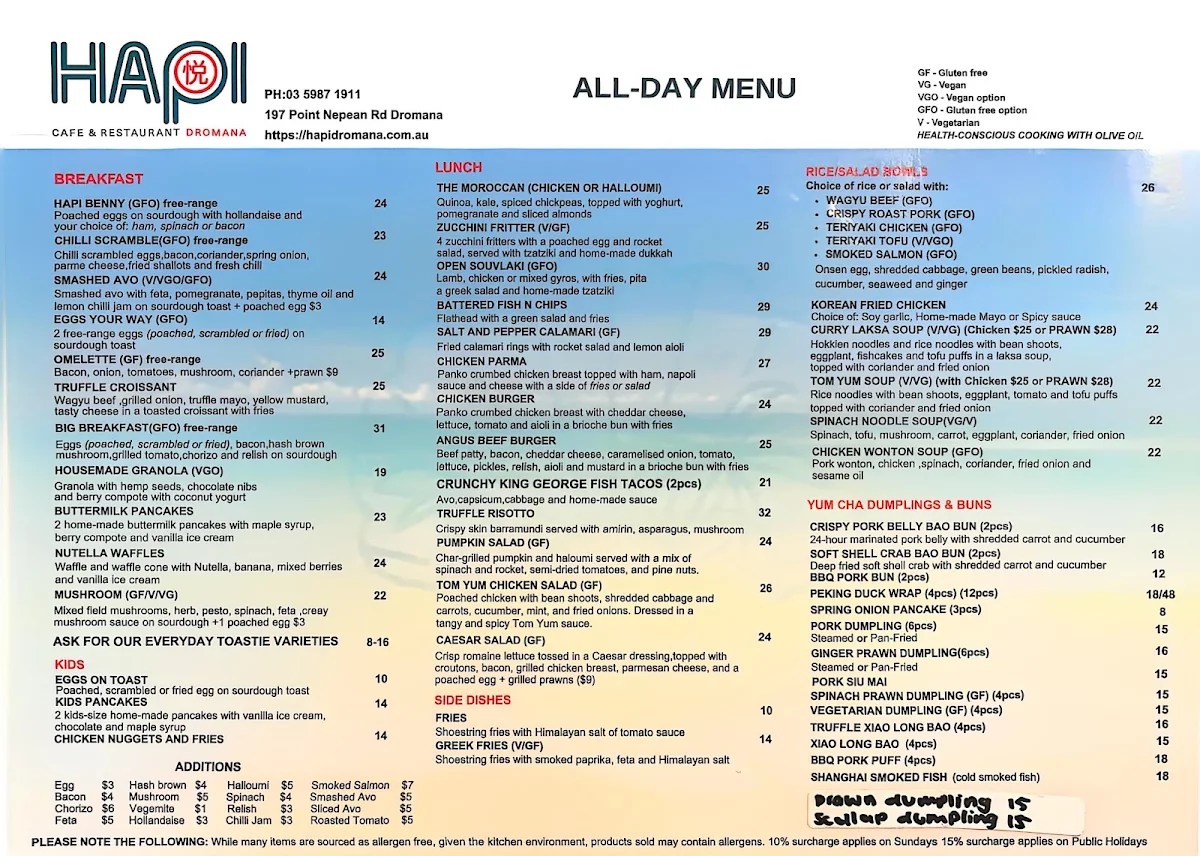 Menu, Hapi Cafe & Restaurant Dromana