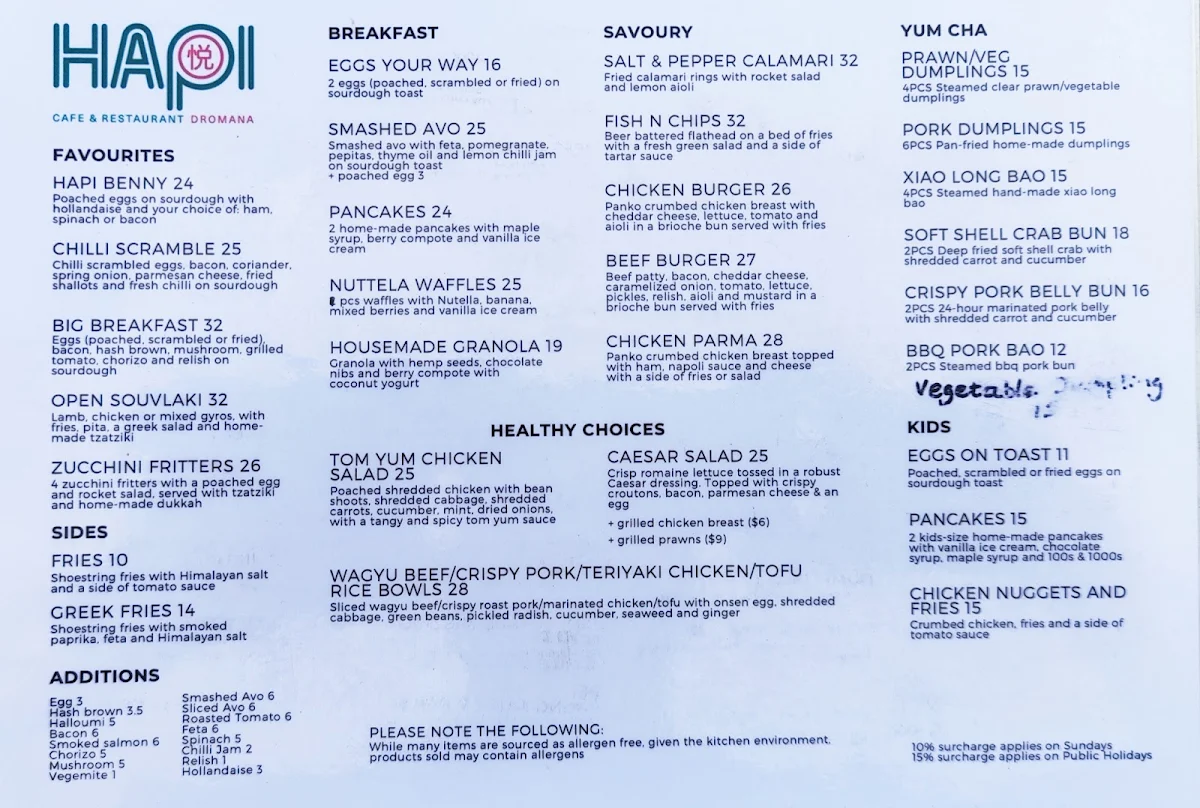 Menu, Hapi Cafe & Restaurant Dromana