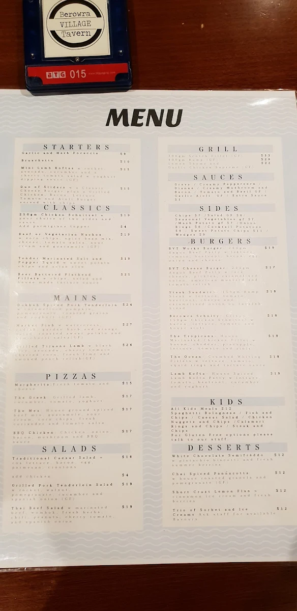 Menu, Berowra Village Tavern