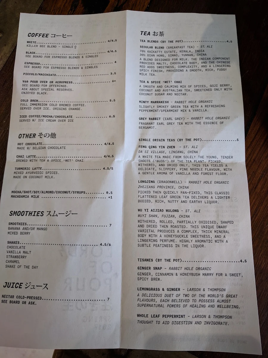 Menu, Lords of Pour