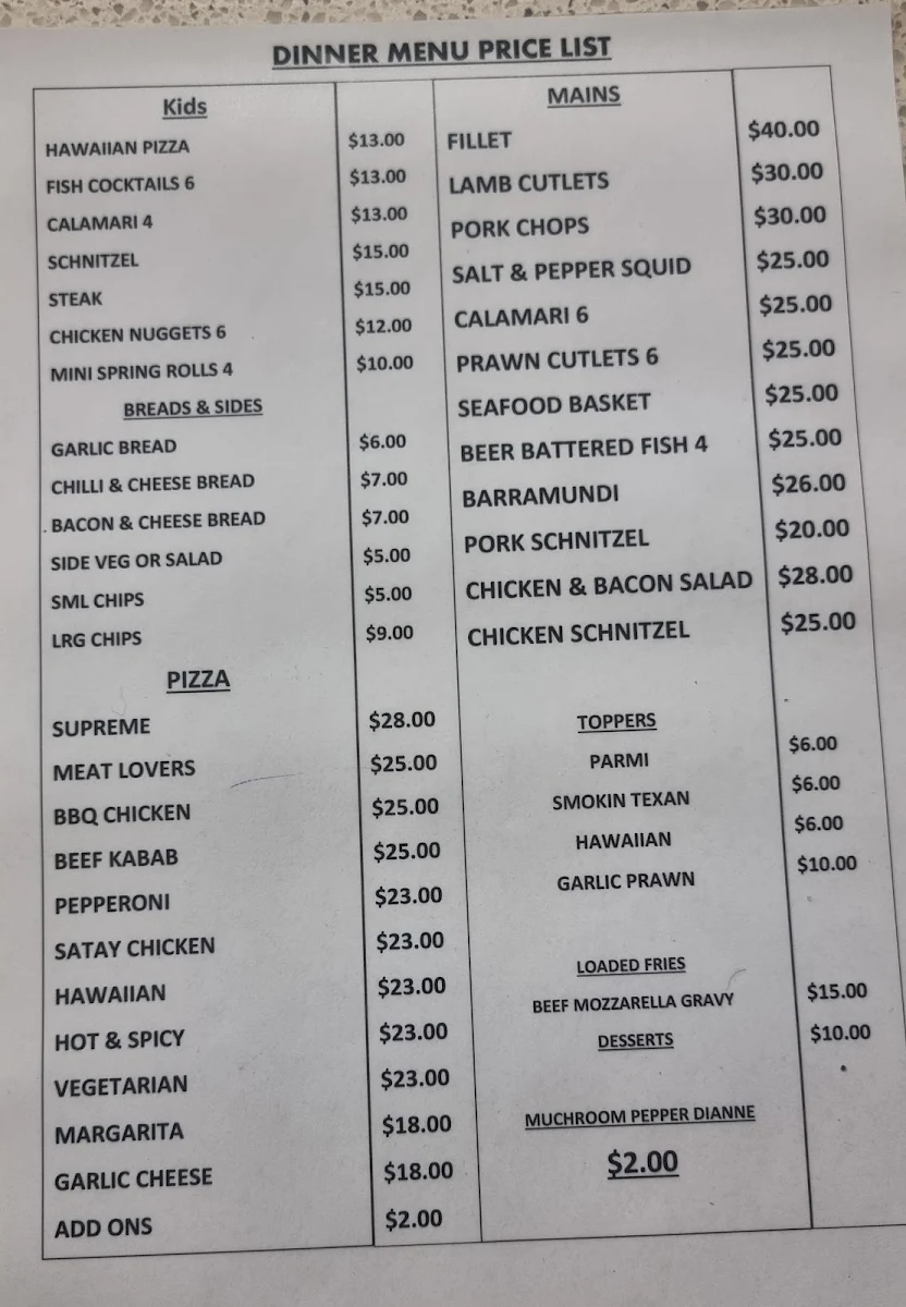 Menu, Burren Junction Hotel