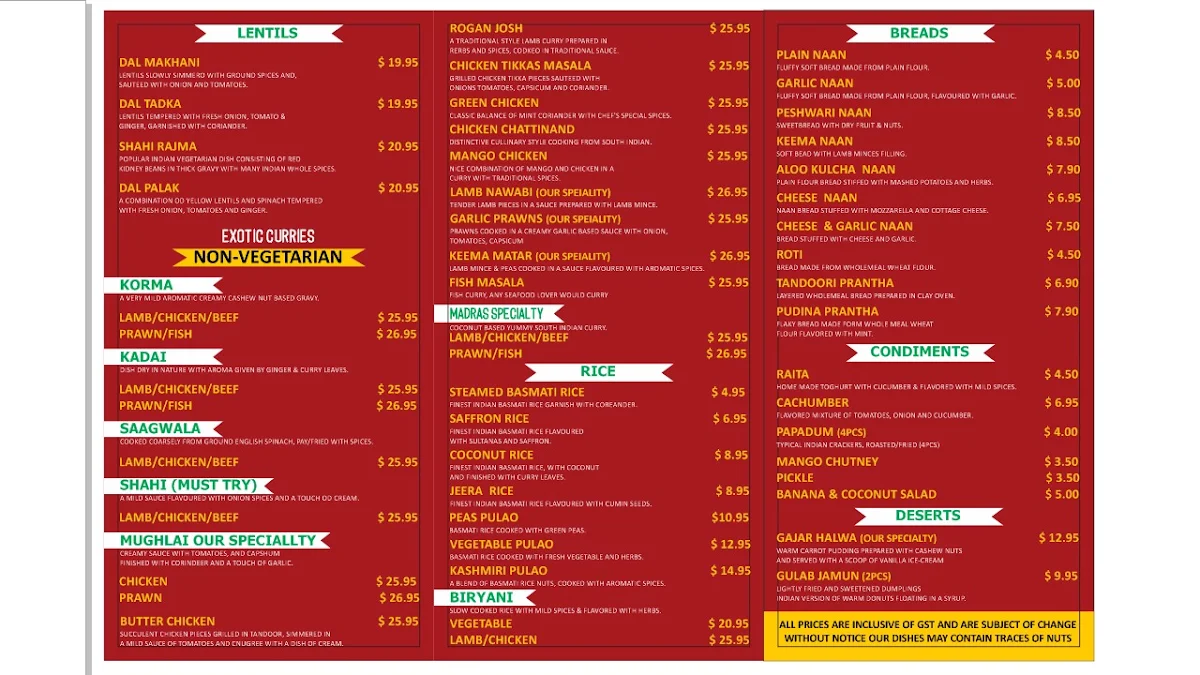 Menu, Soni Indian Restaurant