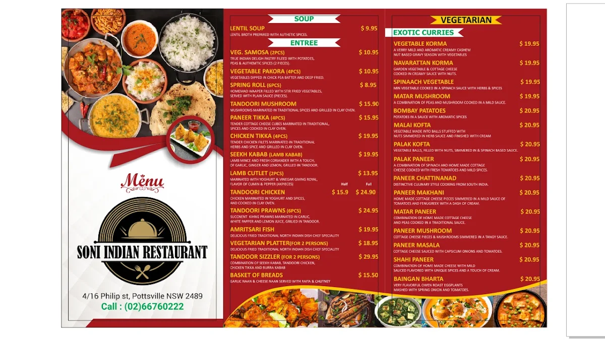 Menu, Soni Indian Restaurant