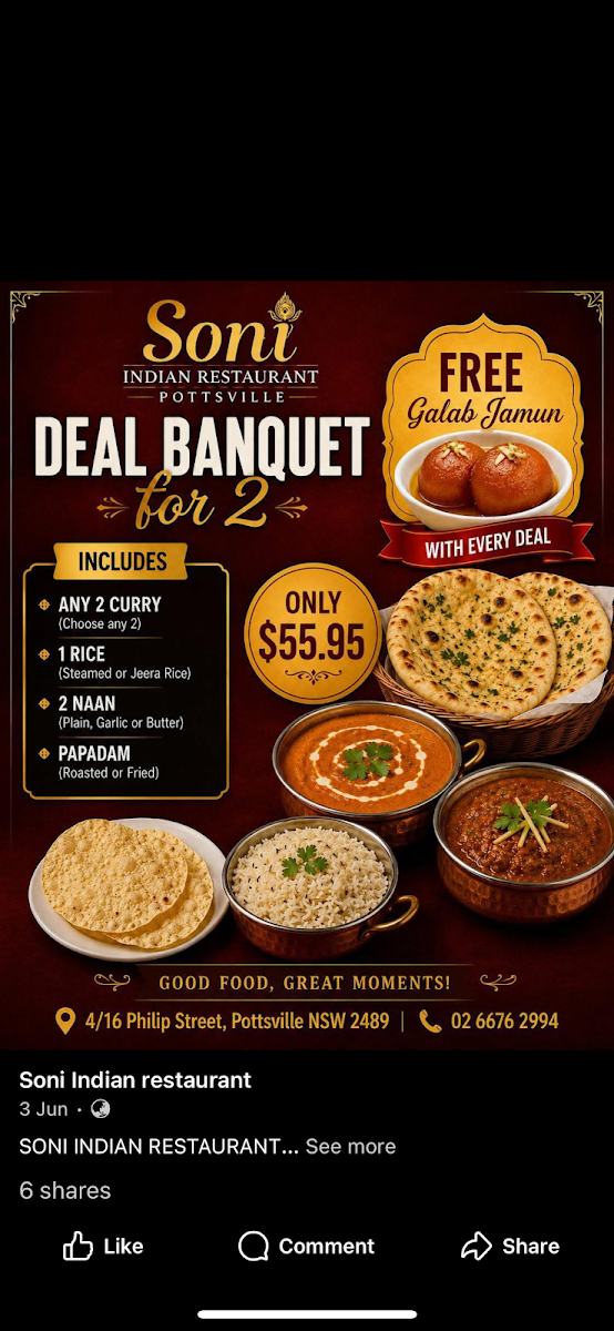 Menu, Soni Indian Restaurant