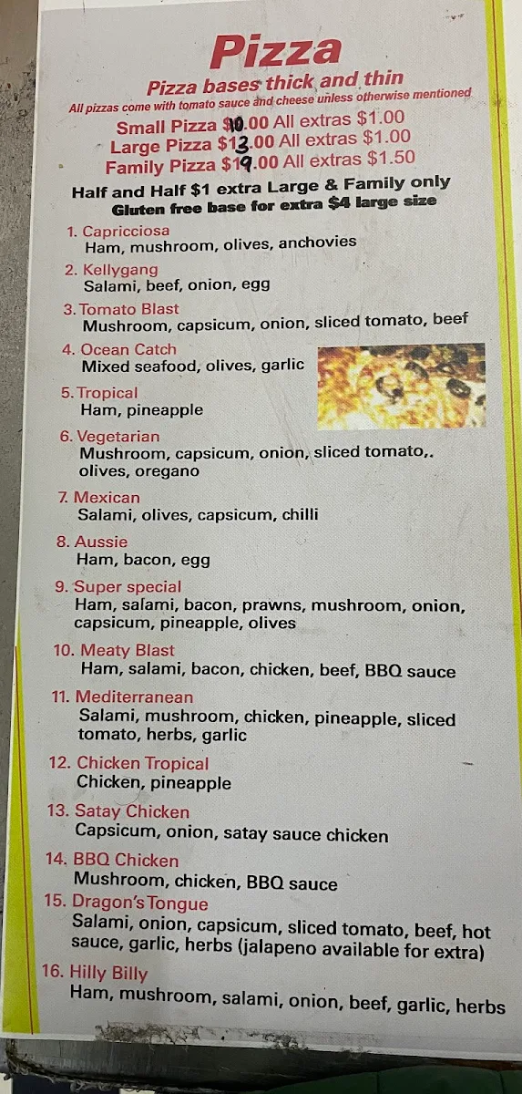 Menu, Oban Road Pizza