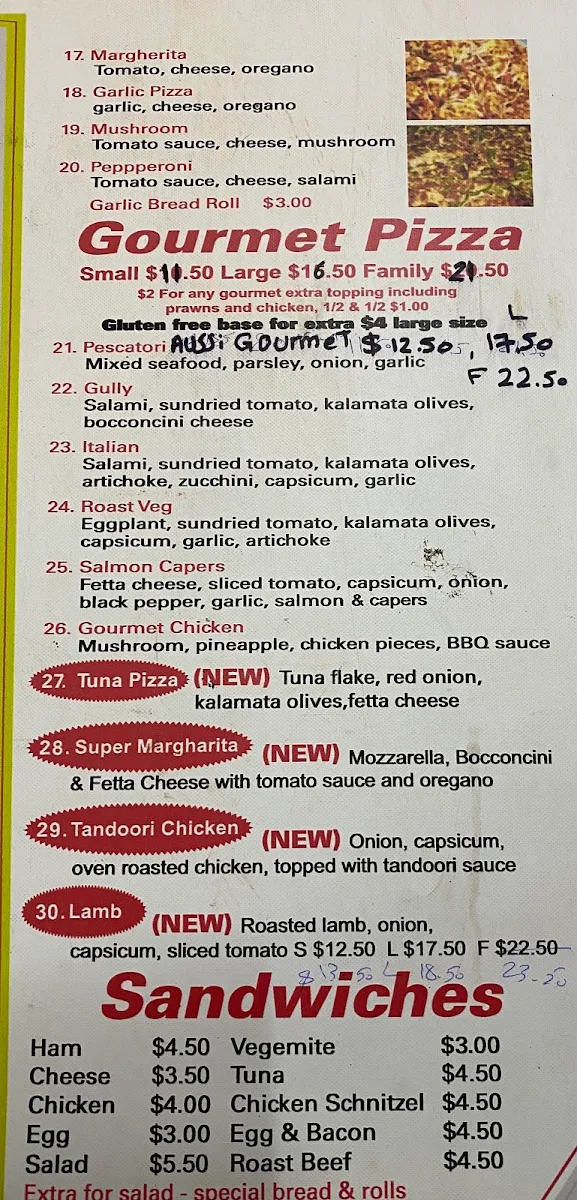Menu, Oban Road Pizza