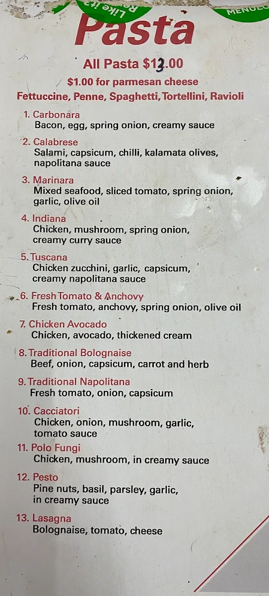 Menu, Oban Road Pizza