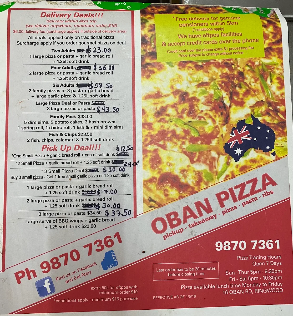 Menu, Oban Road Pizza