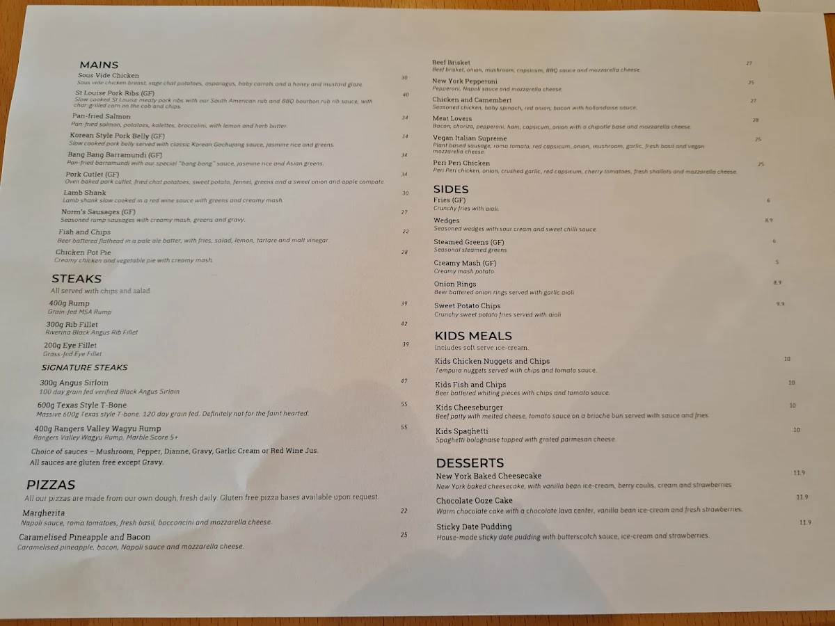 Menu, Pimpama Tavern
