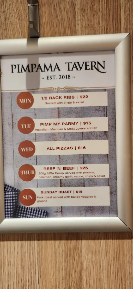 Menu, Pimpama Tavern