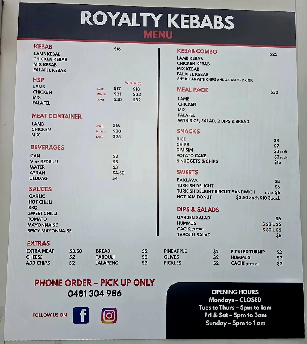 Menu, Royalty kebabs