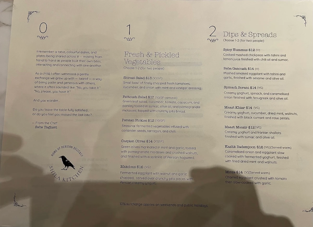 Menu, Shila Kitchen Bondi